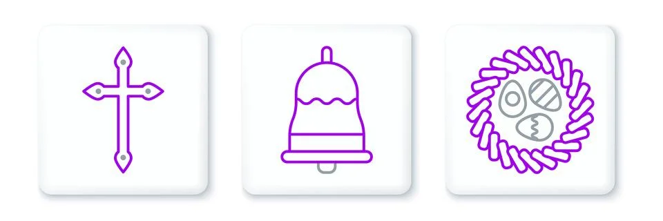 Set line Easter egg in a wicker nest, Christian cross and Ringing bell icon.. Stockillustratie