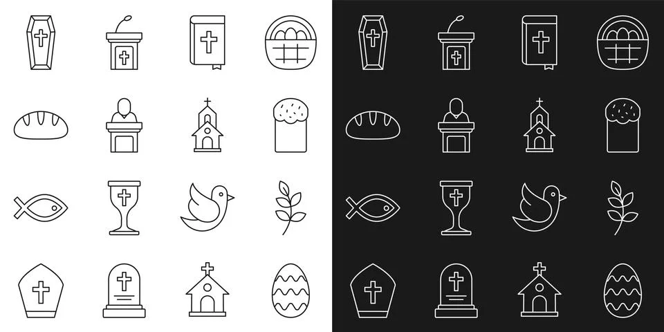 Set line Easter egg, Willow leaf, cake, Holy bible book, Church pastor preaching Illustrazione stock