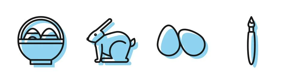 Set line Easter eggs, Basket with easter eggs, Easter rabbit and Paint brush 스톡 일러스트