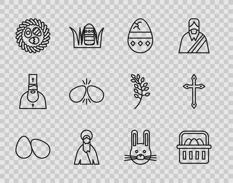 Set line Easter eggs, Basket with easter, Cracked, Jesus Christ, in wicker nest Illustrazione stock