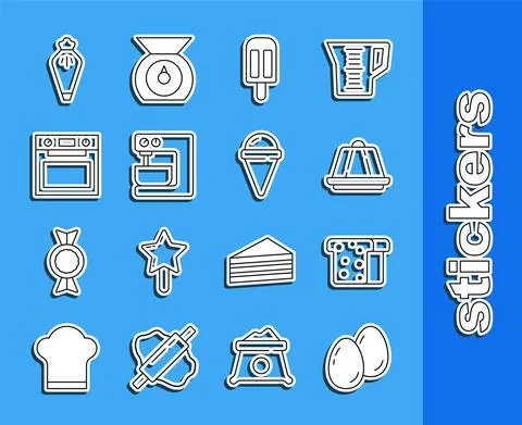 Set line Easter eggs, Bread toast, Pudding custard, Ice cream, Electric mixer Stock-Illustration