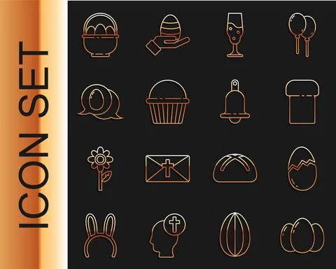Set line Easter eggs, Broken, cake, Wine glass, Speech bubble with easter Illustrazione stock