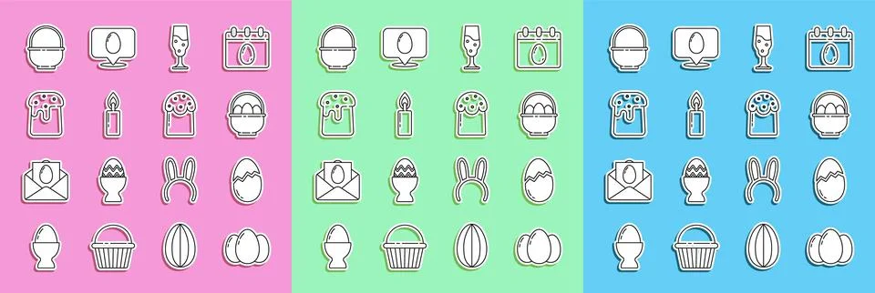 Set line Easter eggs, Broken, Basket with easter, Wine glass, Burning candle Stock Illustration