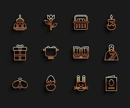 Set line Easter eggs, Broken, cake and, rabbit, Greeting card with Happy, E.. Stock Illustration