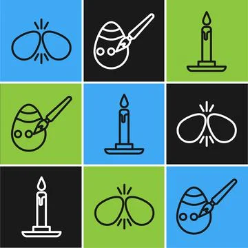 Set line Easter eggs, Burning candle in candlestick and Easter egg and paint Illustrazione stock