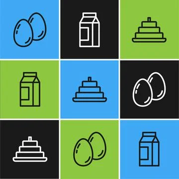 Set line Easter eggs, Cake with burning candles and Paper package for milk icon Stock Illustration