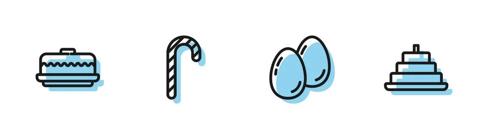Set line Easter eggs, Cake, Christmas candy cane and with burning candles icon 스톡 일러스트