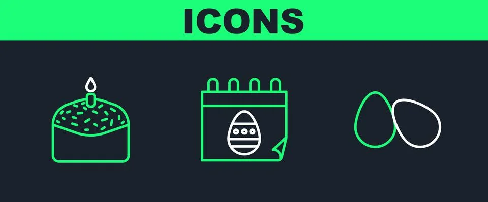 Set line Easter eggs, cake and candle and Calendar with icon. Vector Illustrazione stock