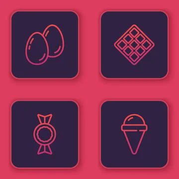 Set line Easter eggs, Candy, Waffle and Ice cream in waffle cone. Blue square 스톡 일러스트