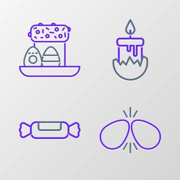 Set line Easter eggs, Candy, Burning candle and cake icon. Vector Illustrazione stock