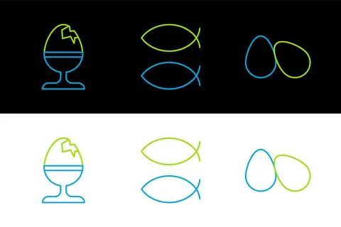 Set line Easter eggs, Chicken on stand and Christian fish icon. Vector Stock Illustration