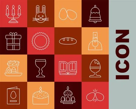 Set line Easter eggs, Chicken on stand, Priest, Sun, Gift box, Candelabrum .. Stock Illustration