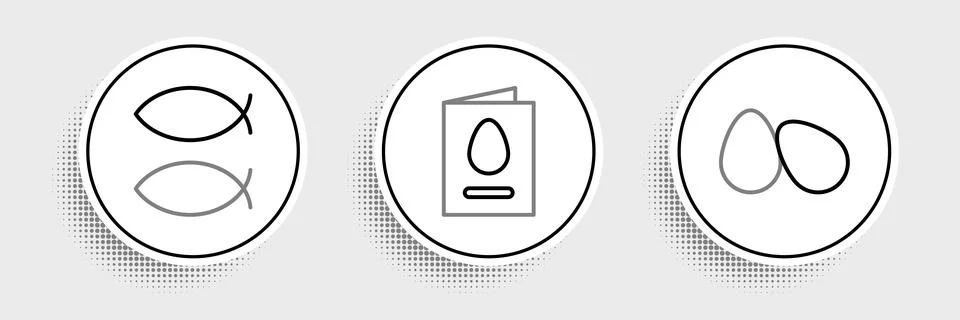 Set line Easter eggs, Christian fish and Greeting card with Happy icon. Vecto Stock Illustration