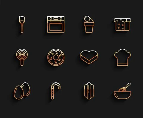 Set line Easter eggs, Christmas candy cane, Spatula, Hotdog sandwich, Kitchen Stock Illustration