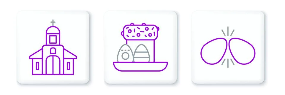 Set line Easter eggs, Church building and cake and icon. Vector Ilustración de archivo