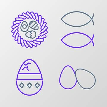 Set line Easter eggs, Cracked, Christian fish and in wicker nest icon. Vector 스톡 일러스트