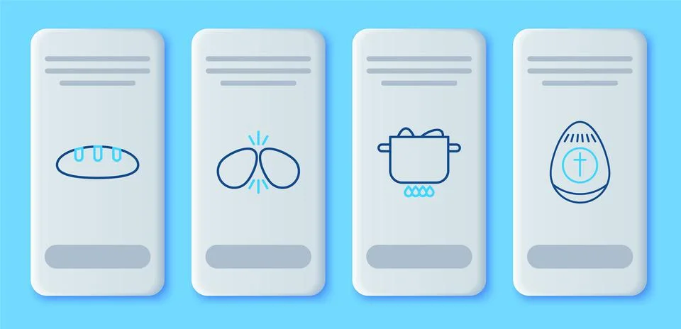 Set line Easter eggs, Egg in hot pot, Bread loaf and  icon. Vector Illustrazione stock