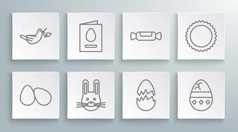 Set line Easter eggs, Greeting card with Happy, rabbit, Broken, Cracked, Candy Stock Illustration