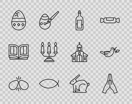 Set line Easter eggs, Hands in praying position, Bottle of wine, Christian .. Illustrazione stock