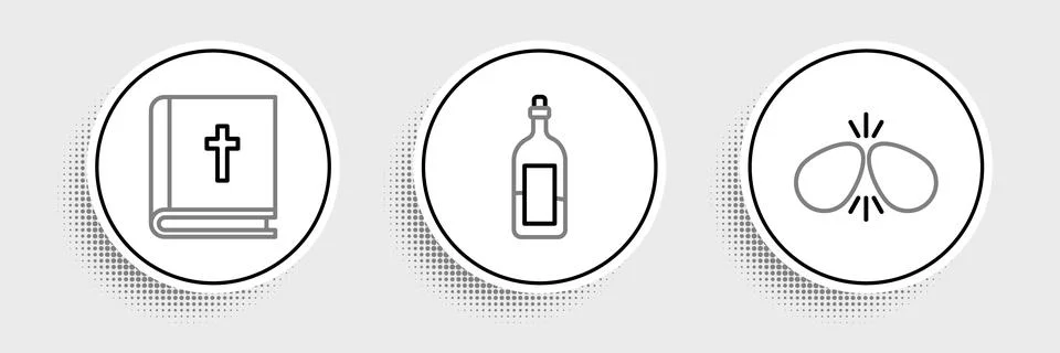 Set line Easter eggs, Holy bible book and Bottle of wine icon. Vector Illustrazione stock
