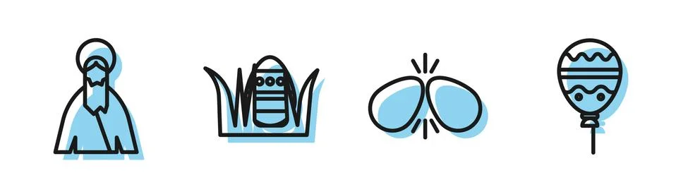 Set line Easter eggs, Jesus Christ, Easter egg and Balloons with ribbon icon Stock Illustration
