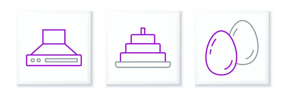 Set line Easter eggs, Kitchen extractor fan and Cake with burning candles ico Stock Illustration