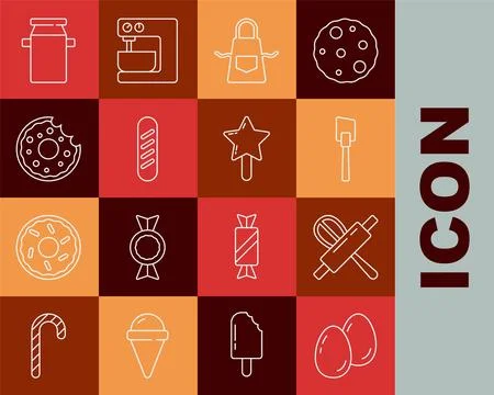 Set line Easter eggs, Kitchen whisk and rolling pin, Spatula, apron, French.. Stock Illustration