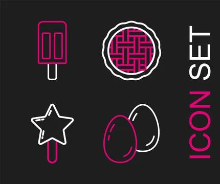 Set line Easter eggs, Lollipop, Homemade pie and Ice cream icon. Vector Illustrazione stock