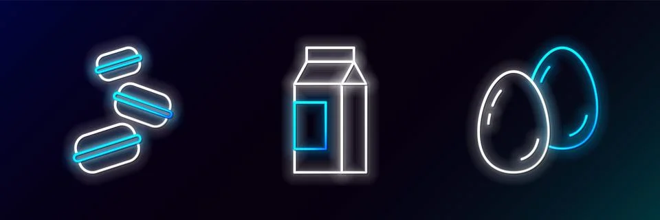 Set line Easter eggs, Macaron cookie and Paper package for milk icon. Glowing Stock Illustration