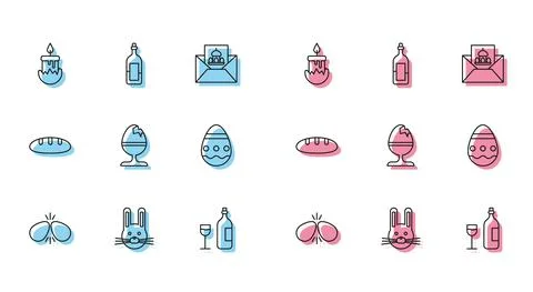 Set line Easter eggs, rabbit, Burning candle, Wine bottle with glass, Chicken on Stock Illustration