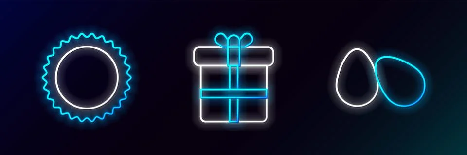 Set line Easter eggs, Sun and Gift box icon. Glowing neon. Vector 스톡 일러스트