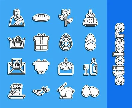 Set line Easter eggs, Wine bottle with glass, Broken, Flower tulip, Gift box Stock Illustration