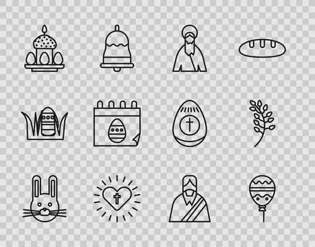Set line Easter rabbit, Balloons with ribbon, Jesus Christ, Christian cross.. Stock Illustration
