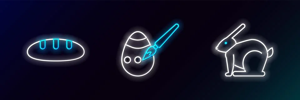 Set line Easter rabbit, Bread loaf and egg and paint brush icon. Glowing neon Stock Illustration
