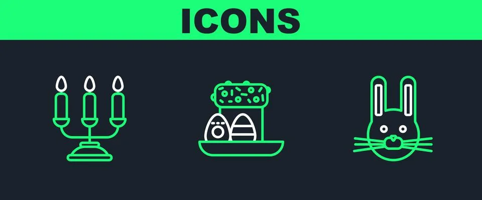 Set line Easter rabbit, Candelabrum with candlesticks and cake eggs icon. Vector Stockillustratie