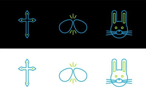 Set line Easter rabbit, Christian cross and eggs icon. Vector Illustrazione stock