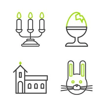 Set line Easter rabbit, Church building, Chicken egg on stand and Candelabrum Stock Illustration