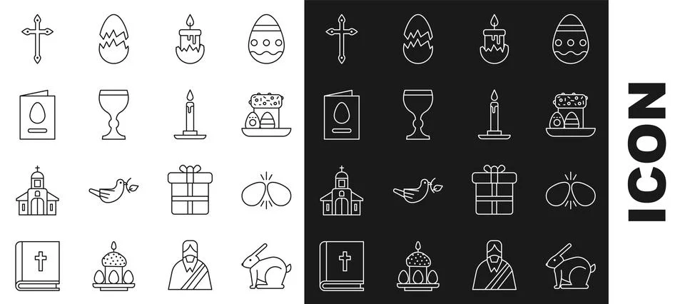 Set line Easter rabbit, eggs, cake and, Burning candle, Wine glass, Greetin.. Stock Illustration