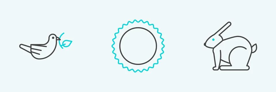 Set line Easter rabbit, Peace dove with olive branch and Sun icon. Vector Stock Illustration