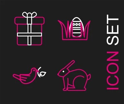 Set line Easter rabbit, Peace dove with olive branch, egg and Gift box icon 스톡 일러스트