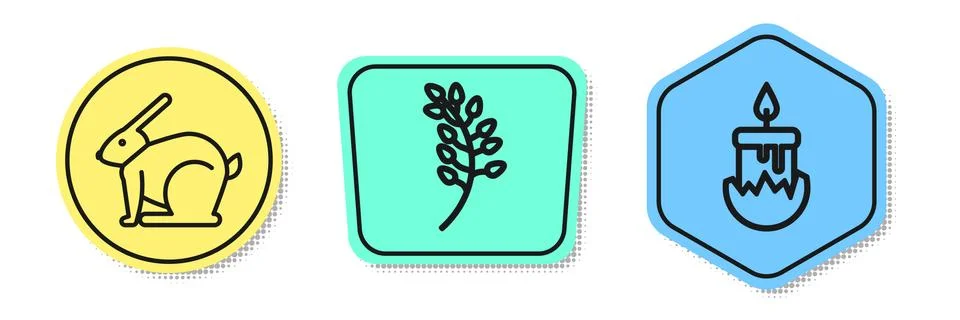 Set line Easter rabbit, Willow leaf and Burning candle. Colored shapes. Vector Stockillustratie