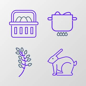 Set line Easter rabbit, Willow leaf, Egg in hot pot and Basket with easter .. Stock Illustration