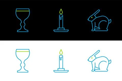 Set line Easter rabbit, Wine glass and Burning candle candlestick icon. Vecto Stock Illustration