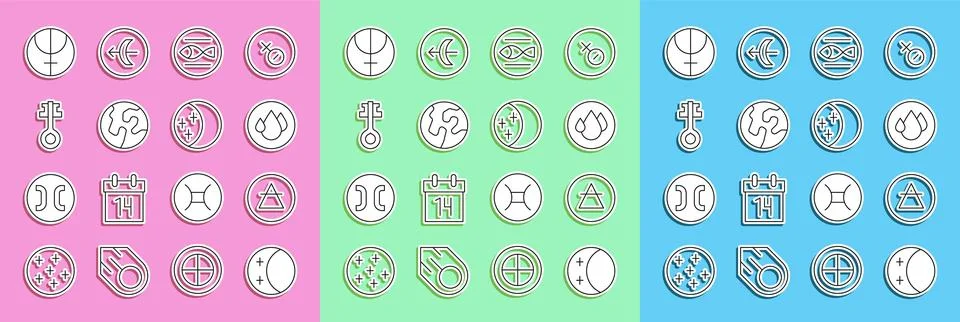 Set line Eclipse of the sun, Air element, Water drop, Pisces zodiac, Earth globe Ilustração Stock