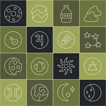 Set line Eclipse of the sun, Air element, Star constellation zodiac, Bottle Ilustração Stock