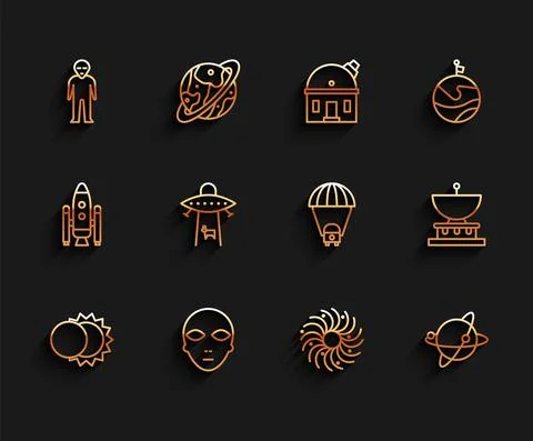 Set line Eclipse of the sun, Alien, Black hole, Satellites orbiting planet Earth 스톡 일러스트