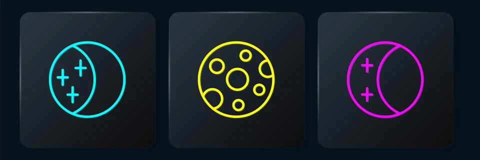 Set line Eclipse of the sun,  and Full moon. Black square button. Vector 스톡 일러스트