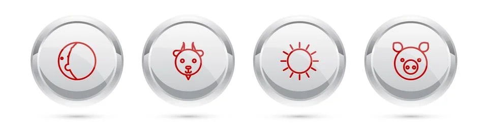 Set line Eclipse of the sun, Aries zodiac, Sun and Pig. Silver circle button Ilustração Stock