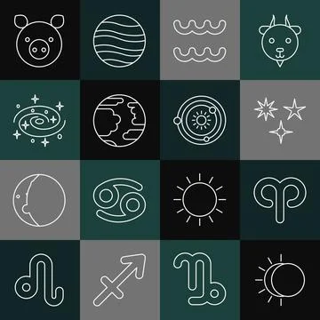 Set line Eclipse of the sun, Aries zodiac, Falling star, Aquarius, Planet Stock Illustration