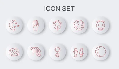 Set line Eclipse of the sun, Asteroid, Aries zodiac, Pisces, Moon and stars Illustrazione stock